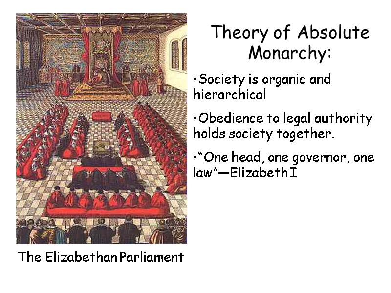 The Elizabethan Parliament Theory of Absolute Monarchy: Society is organic and hierarchical Obedience to
